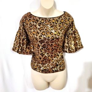 Sequin Leopard Print Balloon Sleeve Blouse Shirt
